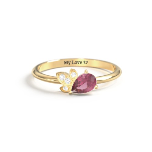 Pear Gemstone Ring with Leaf Motif Accent Stones – 18K Gold Plated Silver with Pink Tourmaline and Cubic Zirconia