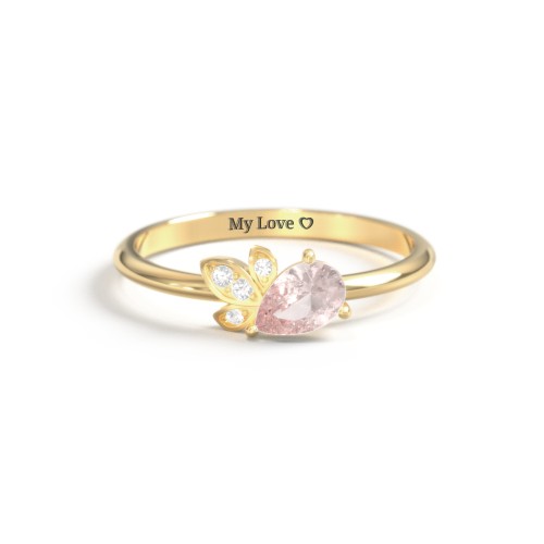 Pear Gemstone Ring with Leaf Motif Accent Stones – 18K Gold Plated Silver with Morganite and Cubic Zirconia