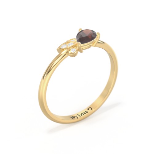 Pear Gemstone Ring with Leaf Motif Accent Stones – 18K Gold Plated Silver with Garnet and Cubic Zirconia