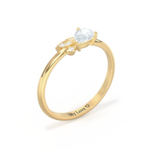 Pear Gemstone Ring with Leaf Motif Accent Stones – 18K Gold Plated Silver with Aquamarine and Cubic Zirconia