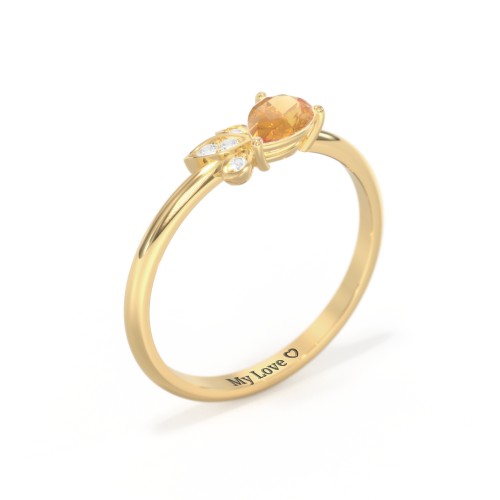 Pear Gemstone Ring with Leaf Motif Accent Stones – 18K Gold Plated Silver with Citrine and Cubic Zirconia