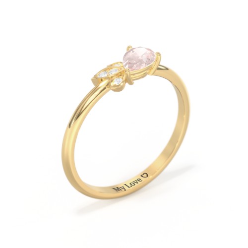 Pear Gemstone Ring with Leaf Motif Accent Stones – 18K Gold Plated Silver with Morganite and Cubic Zirconia