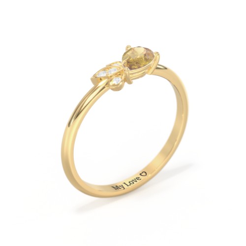 Pear Gemstone Ring with Leaf Motif Accent Stones – 18K Gold Plated Silver with Citrine and Cubic Zirconia