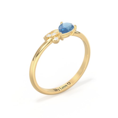 Pear Gemstone Ring with Leaf Motif Accent Stones – 18K Gold Plated Silver with Blue Topaz and Cubic Zirconia