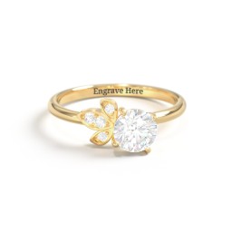 Round Gemstone Ring with Petal Accents in 18K Gold Plated Silver with White Sapphire, Cubic Zirconia, and White Premium Zirconia