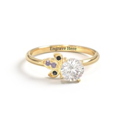 Round Gemstone Ring with Petal Accents in 18K Gold Plated Silver with Cubic Zirconia, Alexandrite, and Black Premium Zirconia