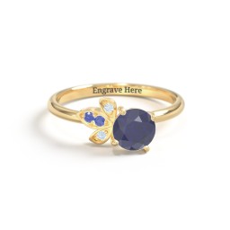 Round Gemstone Ring with Petal Accents in 18K Gold Plated Silver with Blue Sapphire and Fancy Blue Premium Zirconia
