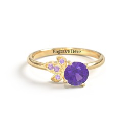 Round Gemstone Ring with Petal Accents in 18K Gold Plated Silver with Amethyst Premium Zirconia and Amethyst