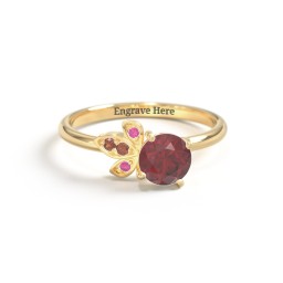 Round Gemstone Ring with Petal Accents in 18K Gold Plated Silver with Red Premium Zirconia and Garnet