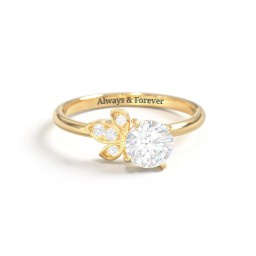 Round Gemstone Ring with Petal Accents in 18K Gold Plated Silver with Lab Diamond and Diamond