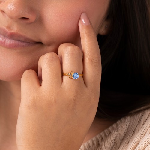 Round Gemstone Ring with Petal Accents – Sterling Silver with Red Premium Zirconia, Cubic Zirconia, and White Premium Zirconia