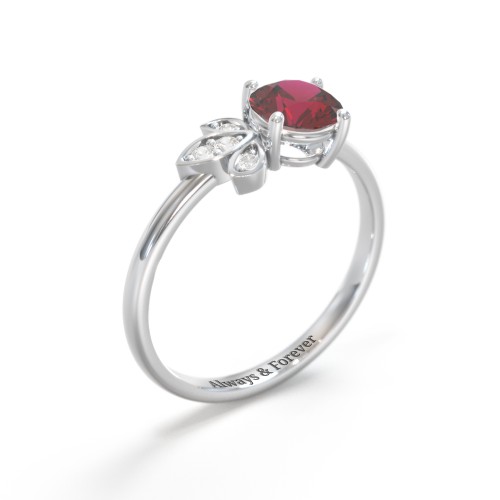 Round Gemstone Ring with Petal Accents – Sterling Silver with Red Premium Zirconia, Cubic Zirconia, and White Premium Zirconia