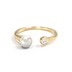Pearl And Birthstone Open Cuff Ring – 10K White Gold with Freshwater Pearl and Cubic Zirconia