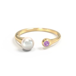 Pearl And Birthstone Open Cuff Ring in 10K Solid Yellow Gold with Amethyst and Freshwater Pearl