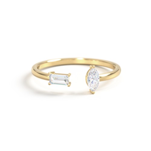 Baguette & Marquise Gemstone Open Cuff Ring – 10K Yellow Gold with White Sapphire