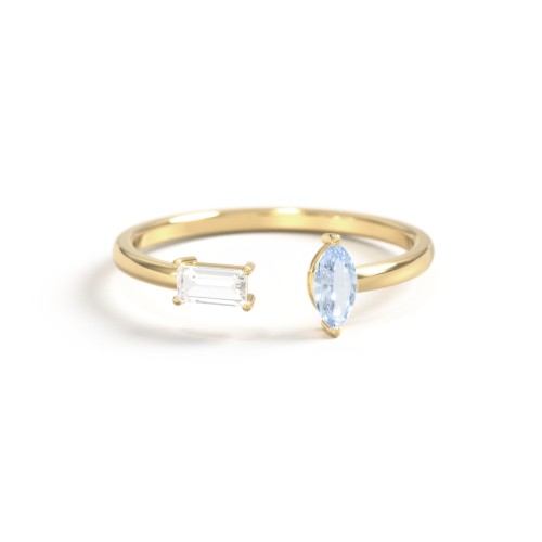 Baguette & Marquise Gemstone Open Cuff Ring – 14K Yellow Gold with Cubic Zirconia and Aquamarine