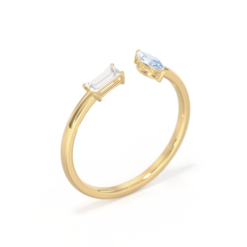 Baguette & Marquise Gemstone Open Cuff Ring – 14K Yellow Gold with Cubic Zirconia and Aquamarine