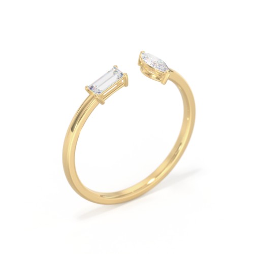 Baguette & Marquise Gemstone Open Cuff Ring – 18K Gold Plated Silver with Diamond