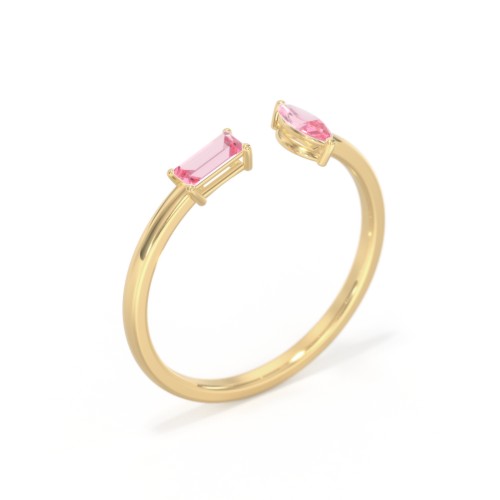Baguette & Marquise Gemstone Open Cuff Ring – 18K Gold Plated Silver with Pink Tourmaline