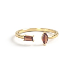Baguette & Marquise Gemstone Open Cuff Ring in 18K Gold Plated Silver with Garnet