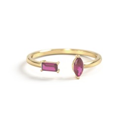 Baguette & Marquise Gemstone Open Cuff Ring in 18K Gold Plated Silver with Ruby