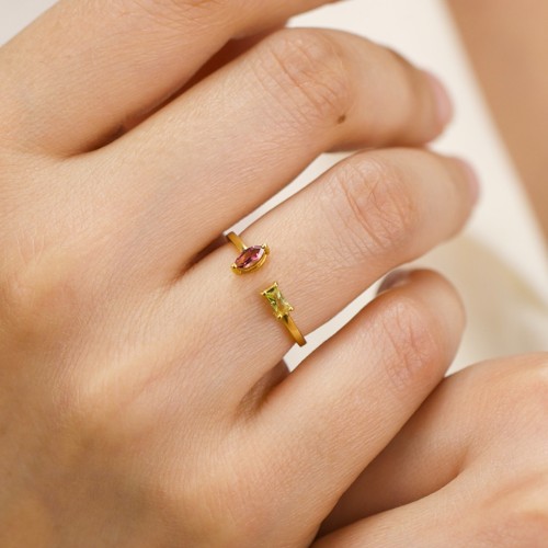 Baguette & Marquise Gemstone Open Cuff Ring – 18K Gold Plated Silver with Blue Topaz and Blue Sapphire
