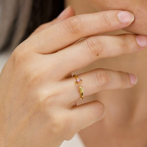 Baguette & Marquise Gemstone Open Cuff Ring – 18K Gold Plated Silver with Blue Topaz and Blue Sapphire
