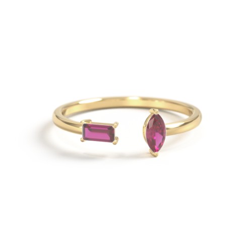 Baguette & Marquise Gemstone Open Cuff Ring – 18K Gold Plated Silver with Ruby