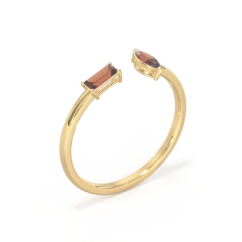 Baguette & Marquise Gemstone Open Cuff Ring – 18K Gold Plated Silver with Garnet
