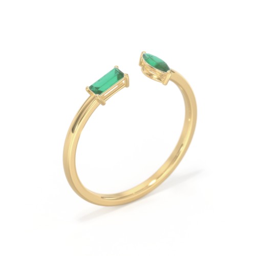 Baguette & Marquise Gemstone Open Cuff Ring – 18K Gold Plated Silver with Emerald