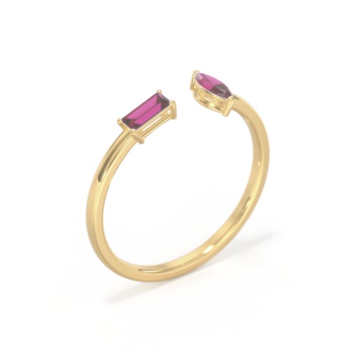 Baguette & Marquise Gemstone Open Cuff Ring – 18K Gold Plated Silver with Ruby