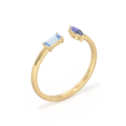 Baguette & Marquise Gemstone Open Cuff Ring – 18K Gold Plated Silver with Blue Topaz and Blue Sapphire