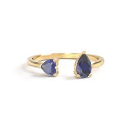 Heart & Pear Gemstone Open Cuff Ring in 18K Gold Plated Silver with Blue Sapphire