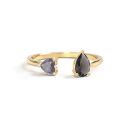 Heart & Pear Gemstone Open Cuff Ring in 18K Gold Plated Silver with Alexandrite and Smokey Quartz