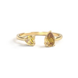 Heart & Pear Gemstone Open Cuff Ring in 18K Gold Plated Silver with Citrine