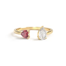 Heart & Pear Gemstone Open Cuff Ring in 18K Gold Plated Silver with Ruby and Cubic Zirconia