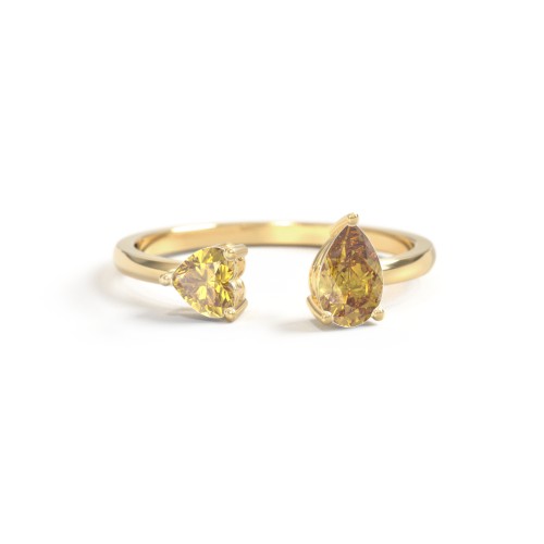 Heart & Pear Gemstone Open Cuff Ring – 18K Gold Plated Silver with Citrine