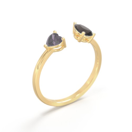 Heart & Pear Gemstone Open Cuff Ring – 18K Gold Plated Silver with Alexandrite and Smokey Quartz