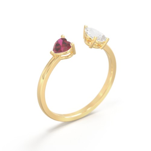Heart & Pear Gemstone Open Cuff Ring – 18K Gold Plated Silver with Ruby and Cubic Zirconia