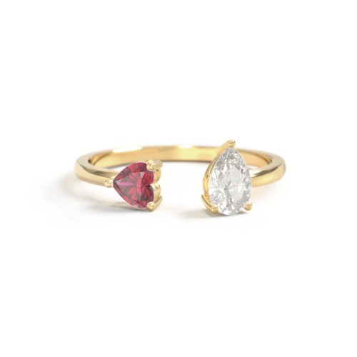 Heart & Pear Gemstone Open Cuff Ring – 10K Yellow Gold with Ruby and Cubic Zirconia