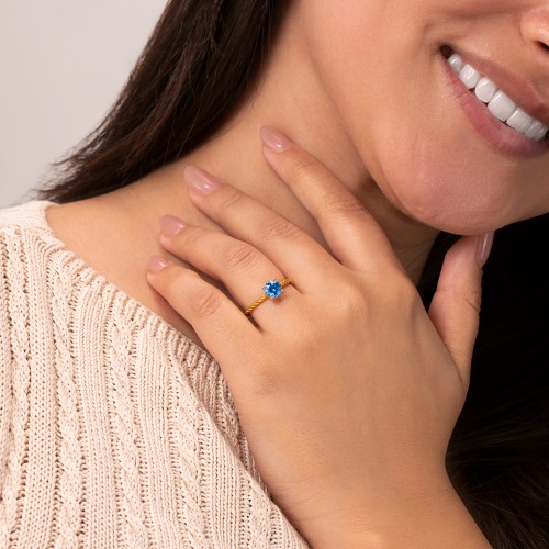 Solitaire Gemstone Ring with Twisted Rope & Bead Band – 18K Gold Plated Silver with Lab Diamond