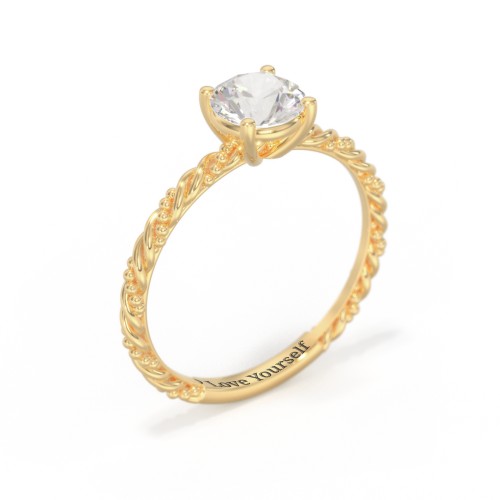 Solitaire Gemstone Ring with Twisted Rope & Bead Band – 18K Gold Plated Silver with Cubic Zirconia