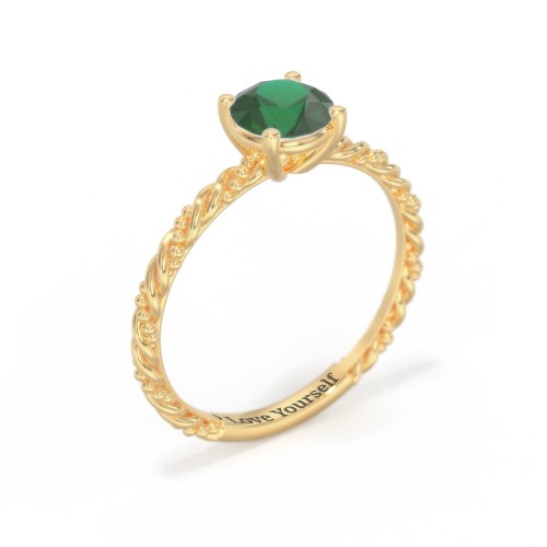 Solitaire Gemstone Ring with Twisted Rope & Bead Band – 18K Gold Plated Silver with Emerald