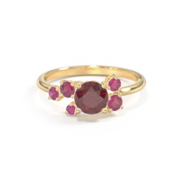 Round Gemstone Ring with Scattered Side Stones in 10K Solid Yellow Gold with Ruby