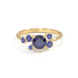 Round Gemstone Ring with Scattered Side Stones in 10K Solid Yellow Gold with Blue Sapphire