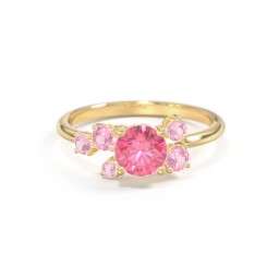 Round Gemstone Ring with Scattered Side Stones in 10K Solid Yellow Gold with Fancy Pink Premium Zirconia and Pink Tourmaline
