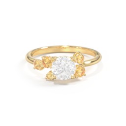 Round Gemstone Ring with Scattered Side Stones in 10K Solid Yellow Gold with White Premium Zirconia and Citrine