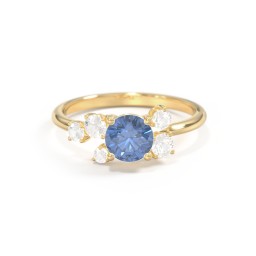 Round Gemstone Ring with Scattered Side Stones in 10K Solid Yellow Gold with Ice Blue Sapphire and Cubic Zirconia