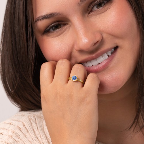 Round Gemstone Cube Ring with Star Set Accents – 18K Gold Plated Silver with Lab Diamond