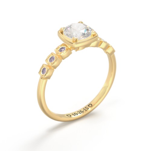 Round Gemstone Cube Ring with Star Set Accents – 18K Gold Plated Silver with Cubic Zirconia and Alexandrite